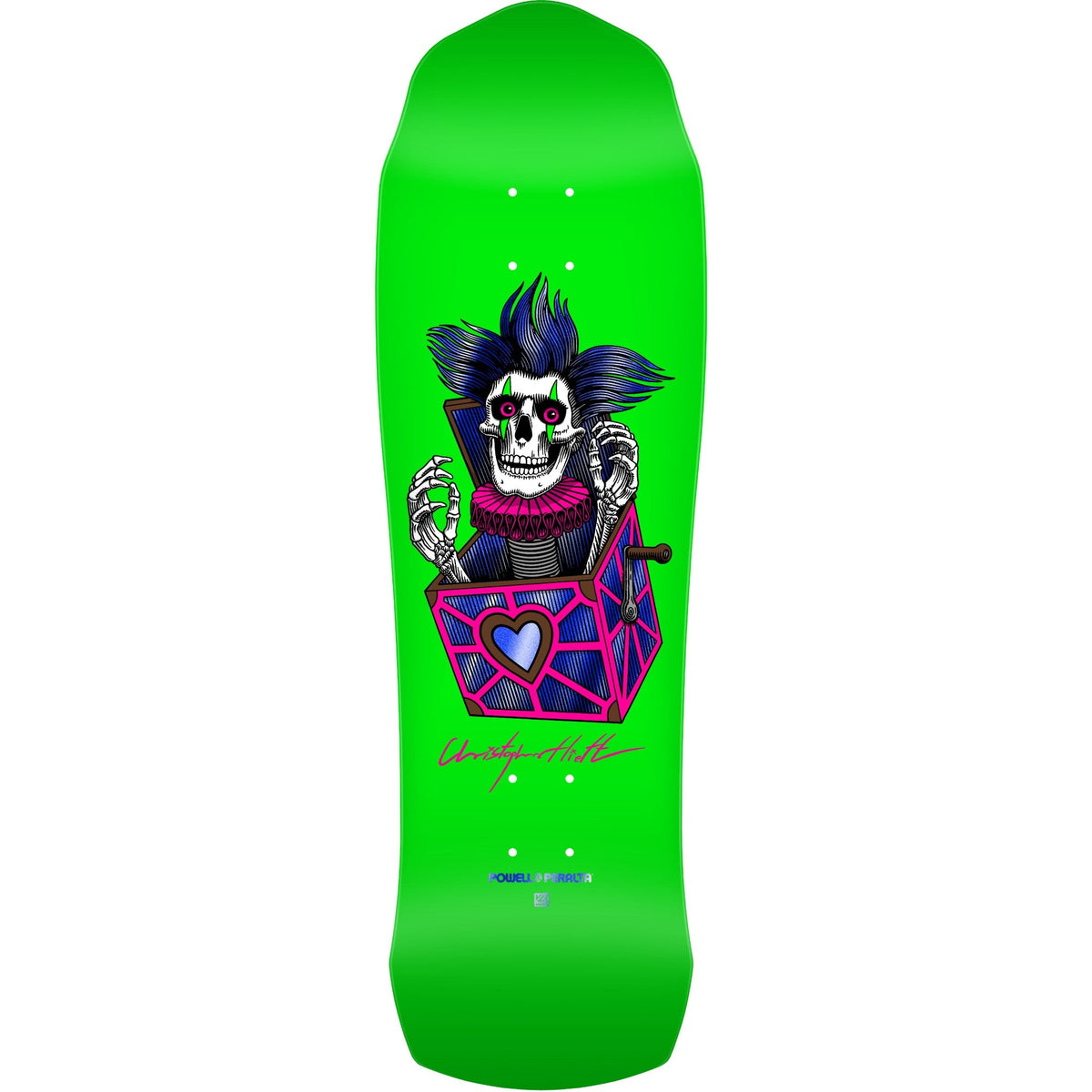 Powell Peralta Pro Chris Hiett Skull 7-Ply Maple Skateboard Deck - 9.5″ Neon Green/Blue Foil
