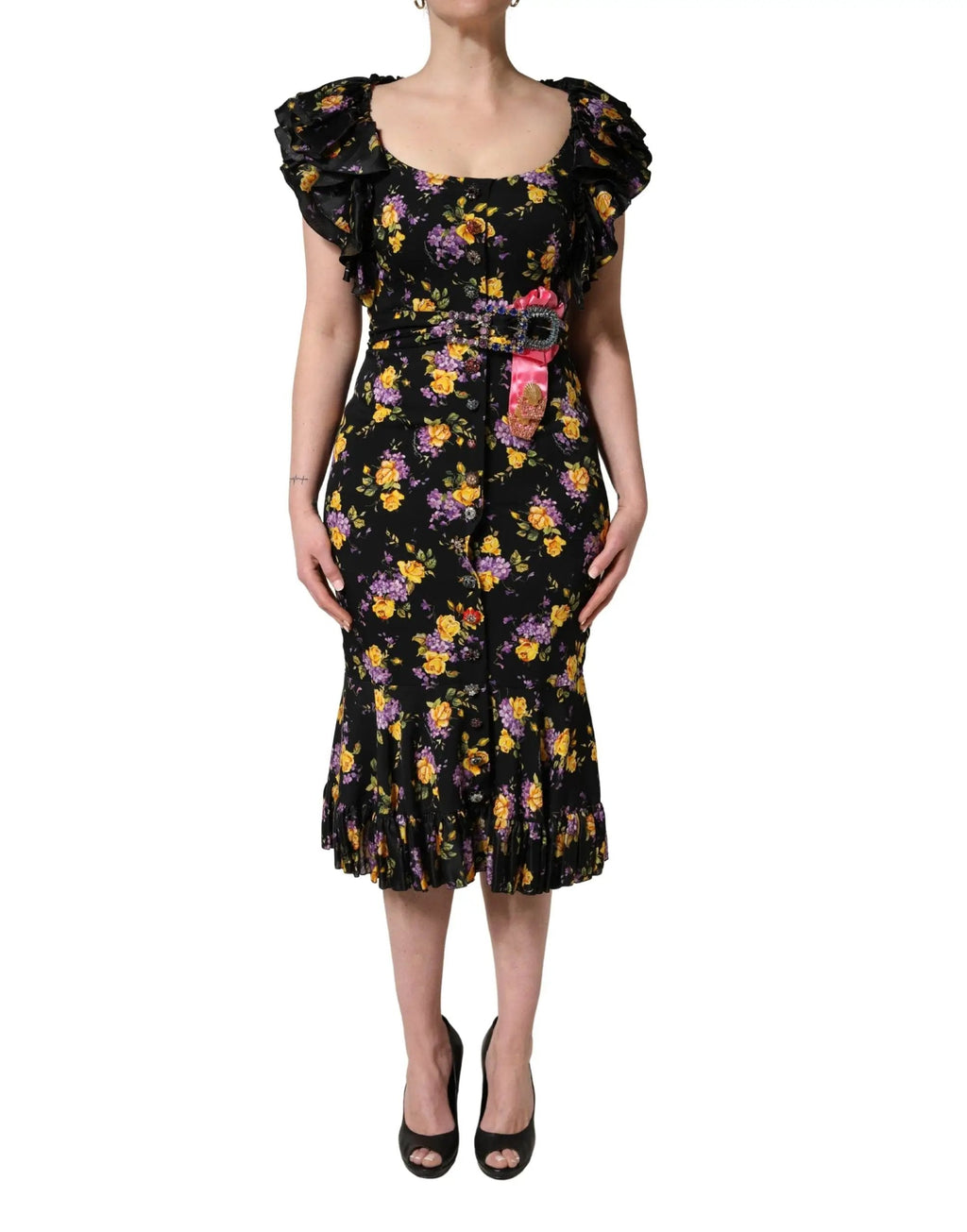 Dolce & Gabbana Black Purple Crystal Brooch Silk Midi Dress