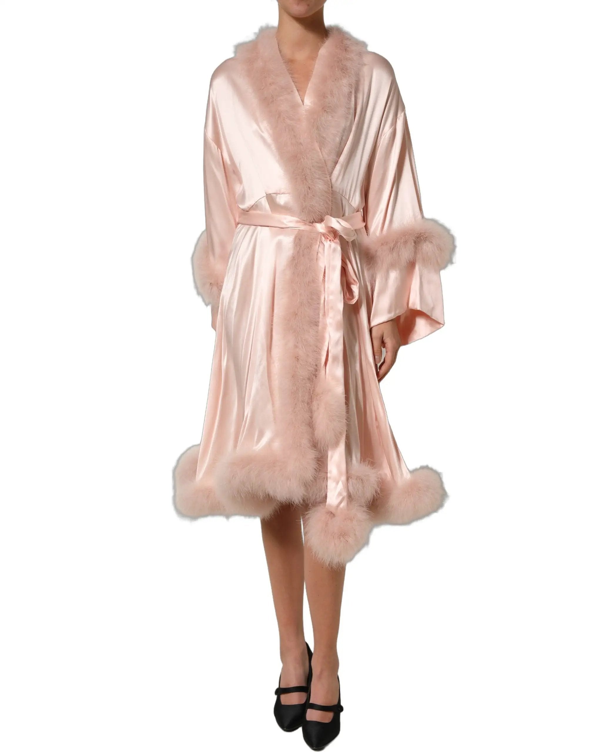 Dolce & Gabbana Light Pink Silk Turkey Feather Wrap Midi Dress