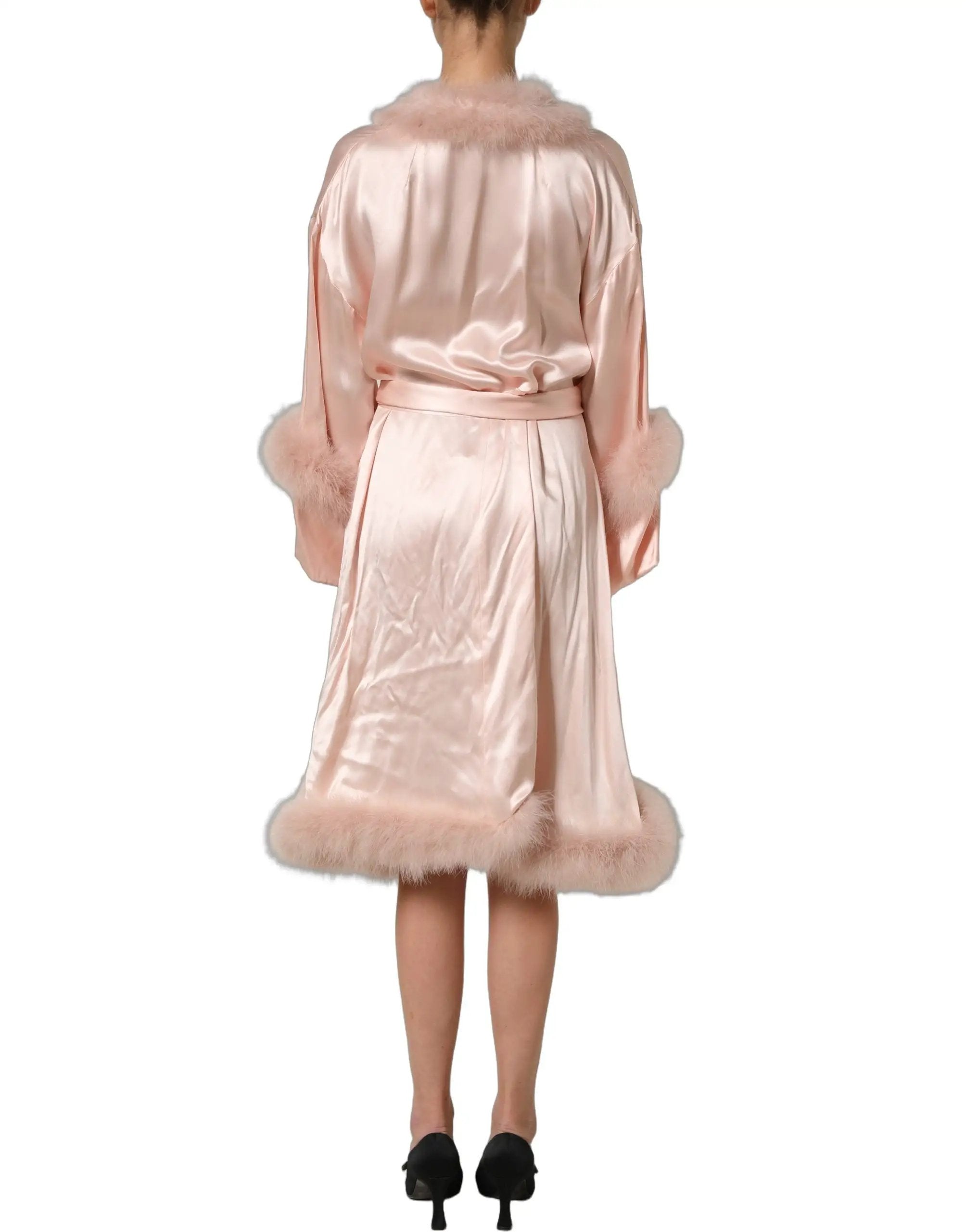 Dolce & Gabbana Light Pink Silk Turkey Feather Wrap Midi Dress