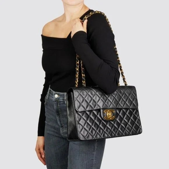 Authentic CHANEL Jumbo Maxi XL 24K Gold Flap Bag Lambskin Chain Shoulder Black