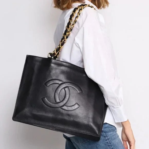 Authentic CHANEL Jumbo XL Shopping Tote Bag Timeless Classic Black Lambskin