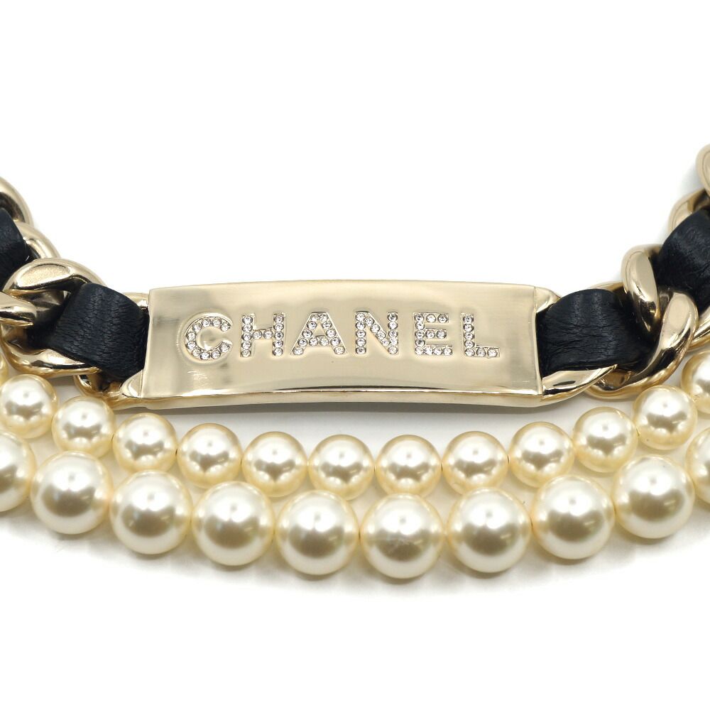 Chanel Double Pearl CC Logo Rhinestone Plate Belt Leather Black Gold