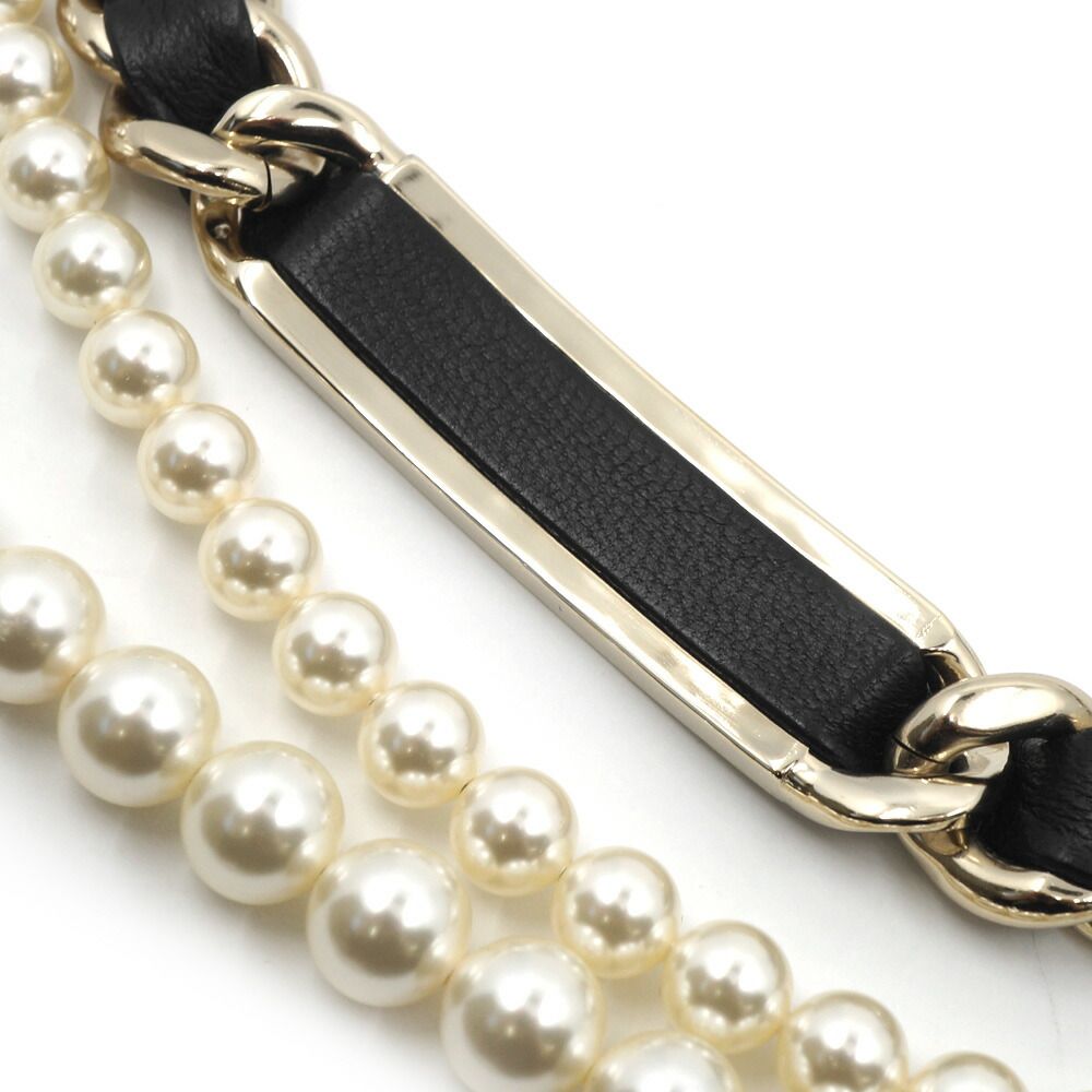 Chanel Double Pearl CC Logo Rhinestone Plate Belt Leather Black Gold