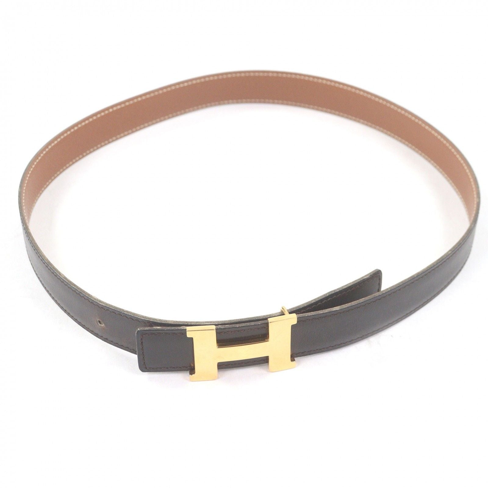Hermes Vintage Martin Margiela Era Logo Gold Buckle Leather Belt Dark Brown 70