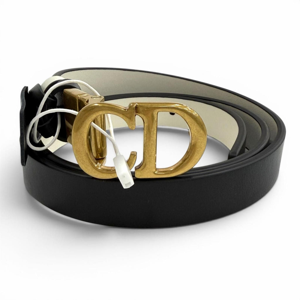 Dior Reversible CD Logo Buckle Leather Belt Black White Gold 85