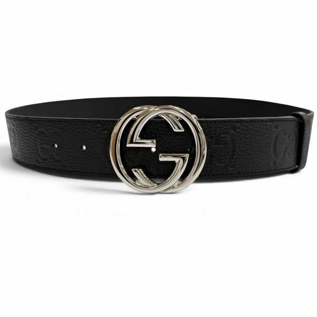 Gucci Leather GG Pattern Interlocking Buckle Wide Belt Black Silver