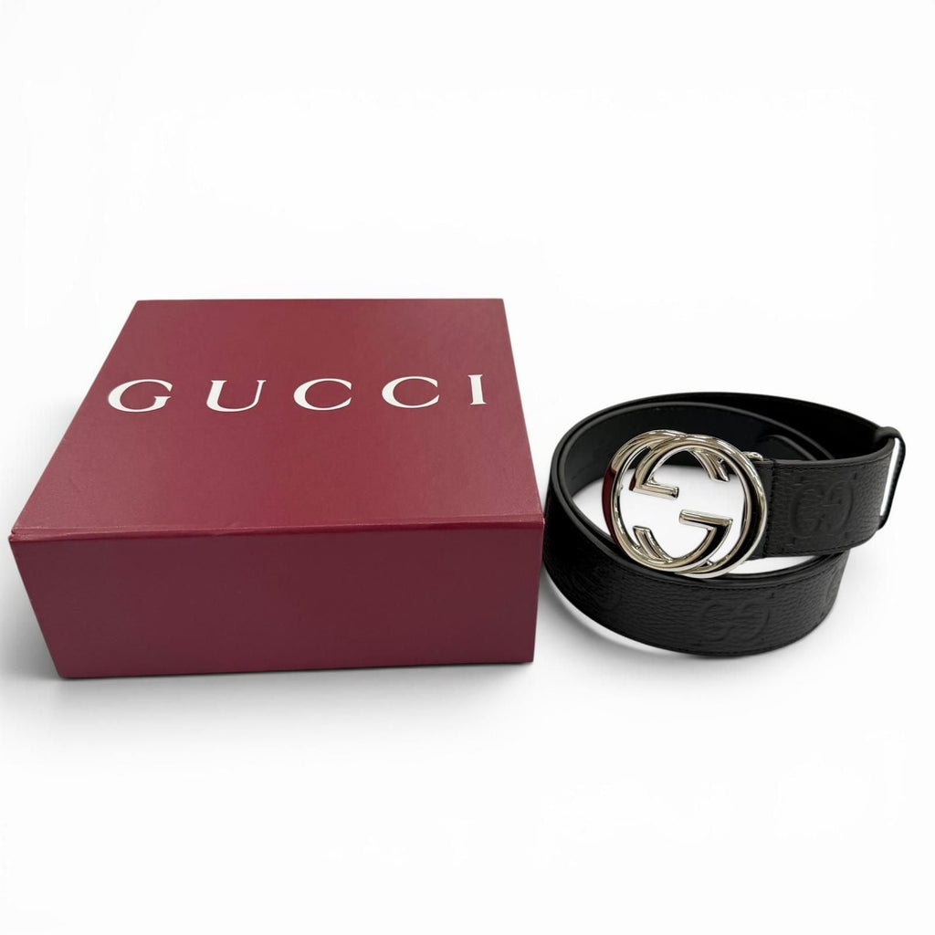 Gucci Leather GG Pattern Interlocking Buckle Wide Belt Black Silver