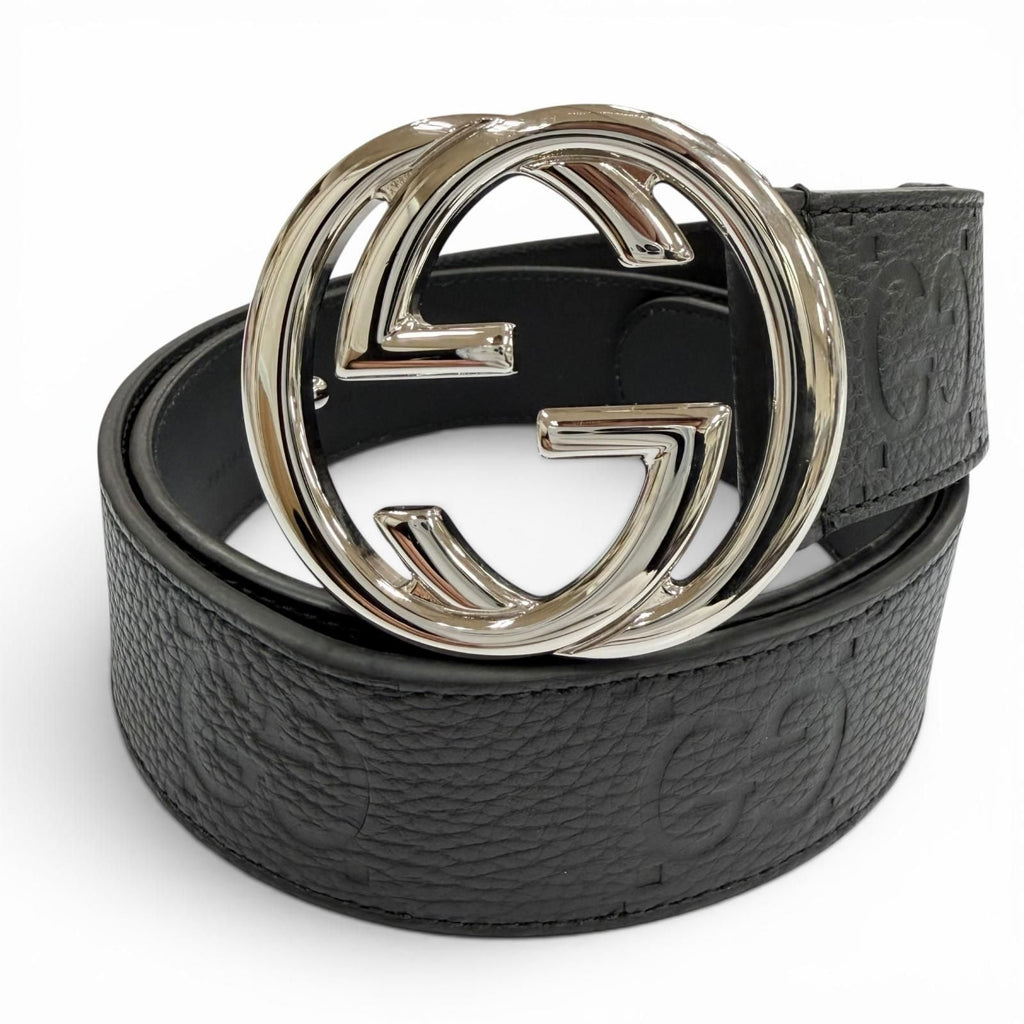 Gucci Leather GG Pattern Interlocking Buckle Wide Belt Black Silver