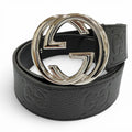 Gucci Leather GG Pattern Interlocking Buckle Wide Belt Black Silver