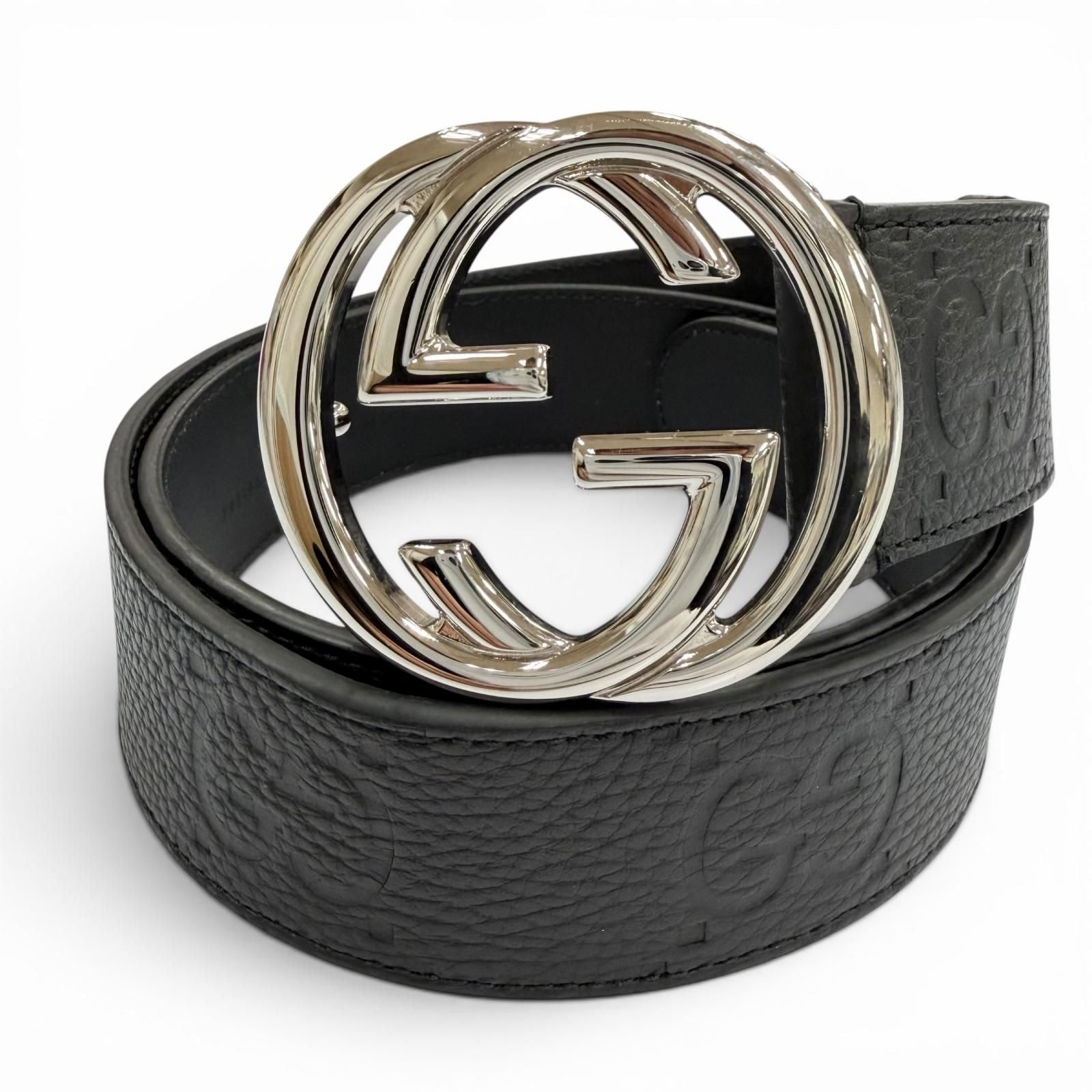 Gucci Leather GG Pattern Interlocking Buckle Wide Belt Black Silver