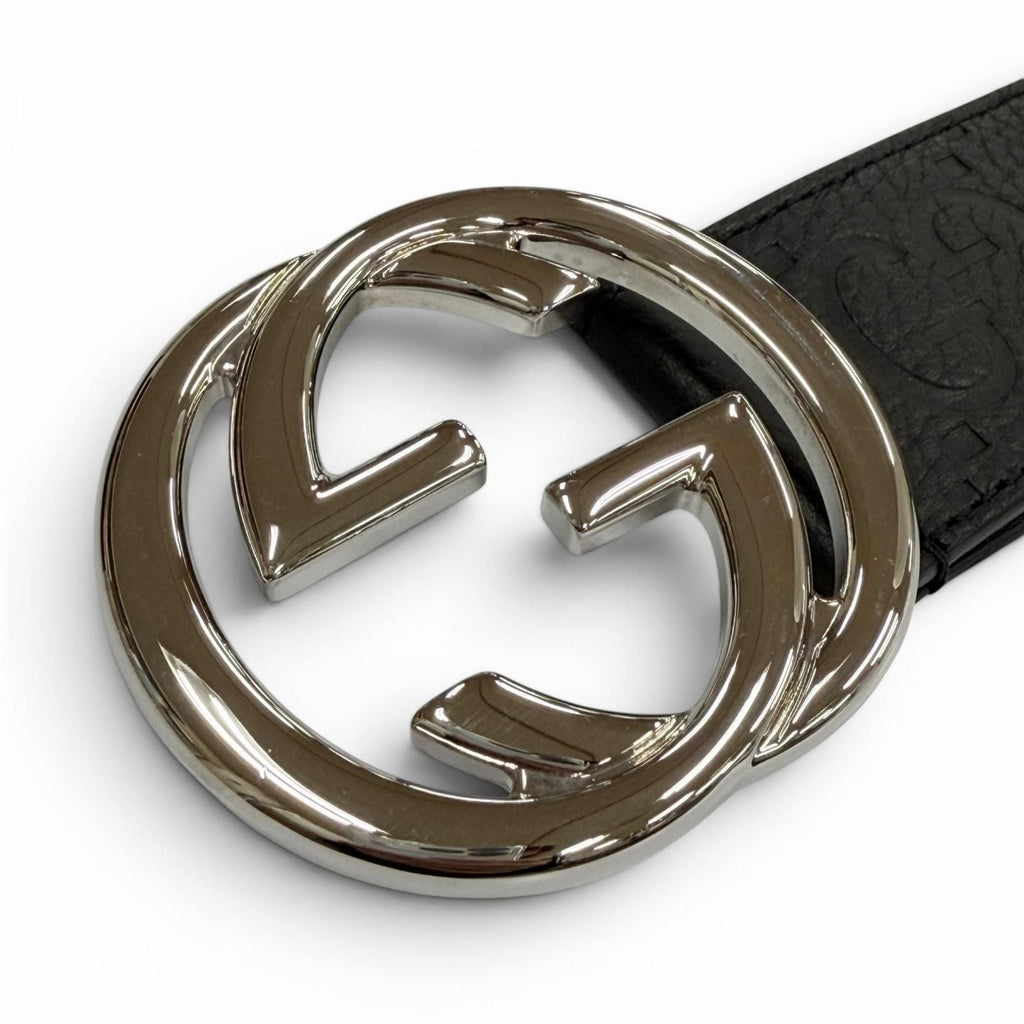 Gucci Leather GG Pattern Interlocking Buckle Wide Belt Black Silver