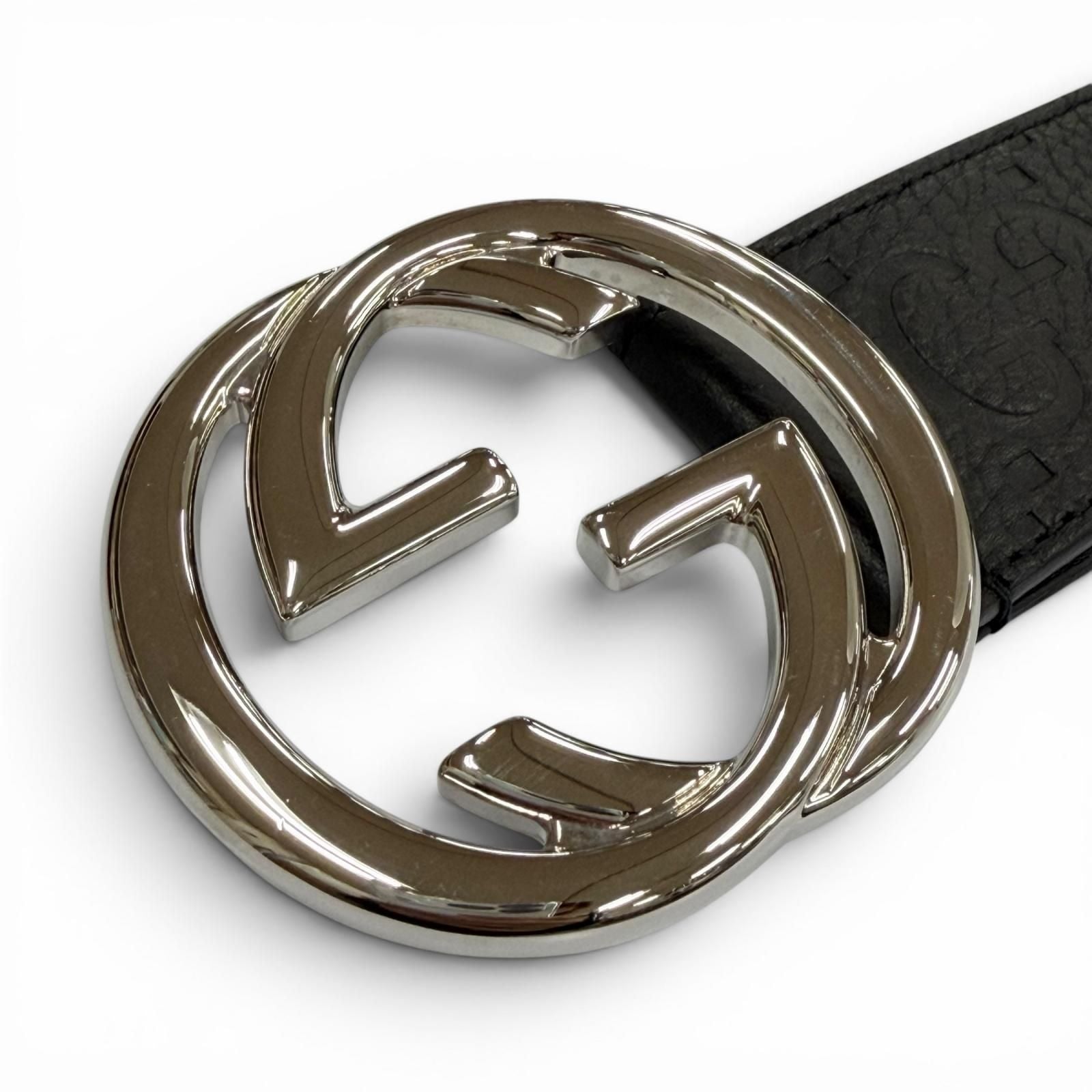 Gucci Leather GG Pattern Interlocking Buckle Wide Belt Black Silver