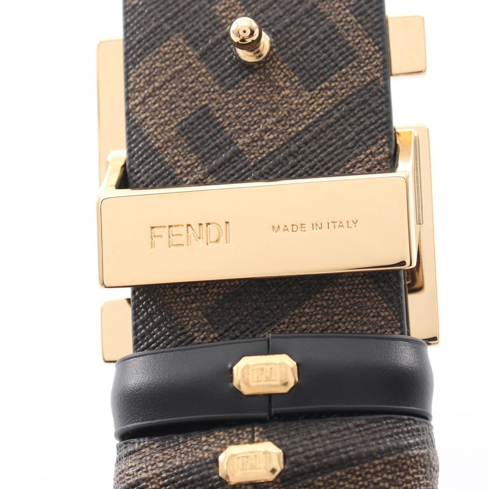 Fendi Belt Round FF Zucca Reversible Black Brown Leather