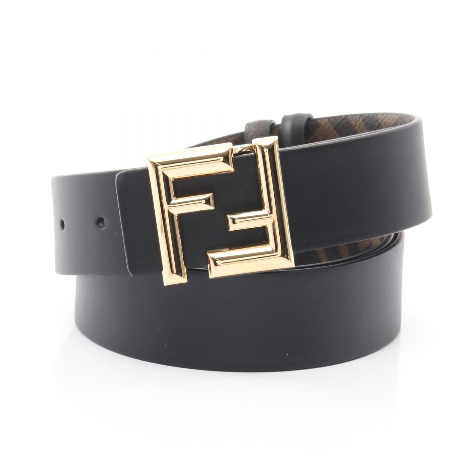 Fendi Belt Round FF Zucca Reversible Black Brown Leather