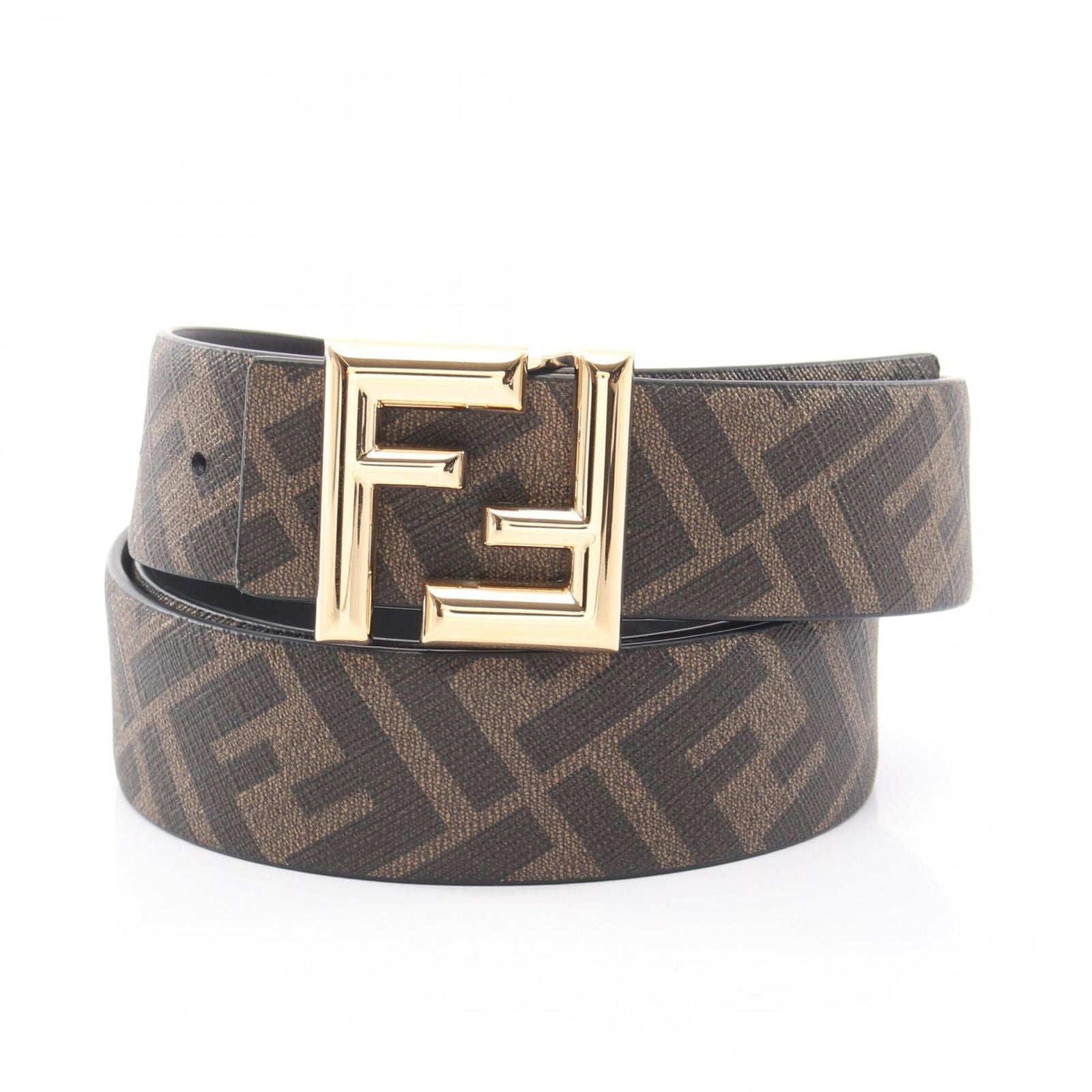 Fendi Belt Round FF Zucca Reversible Black Brown Leather