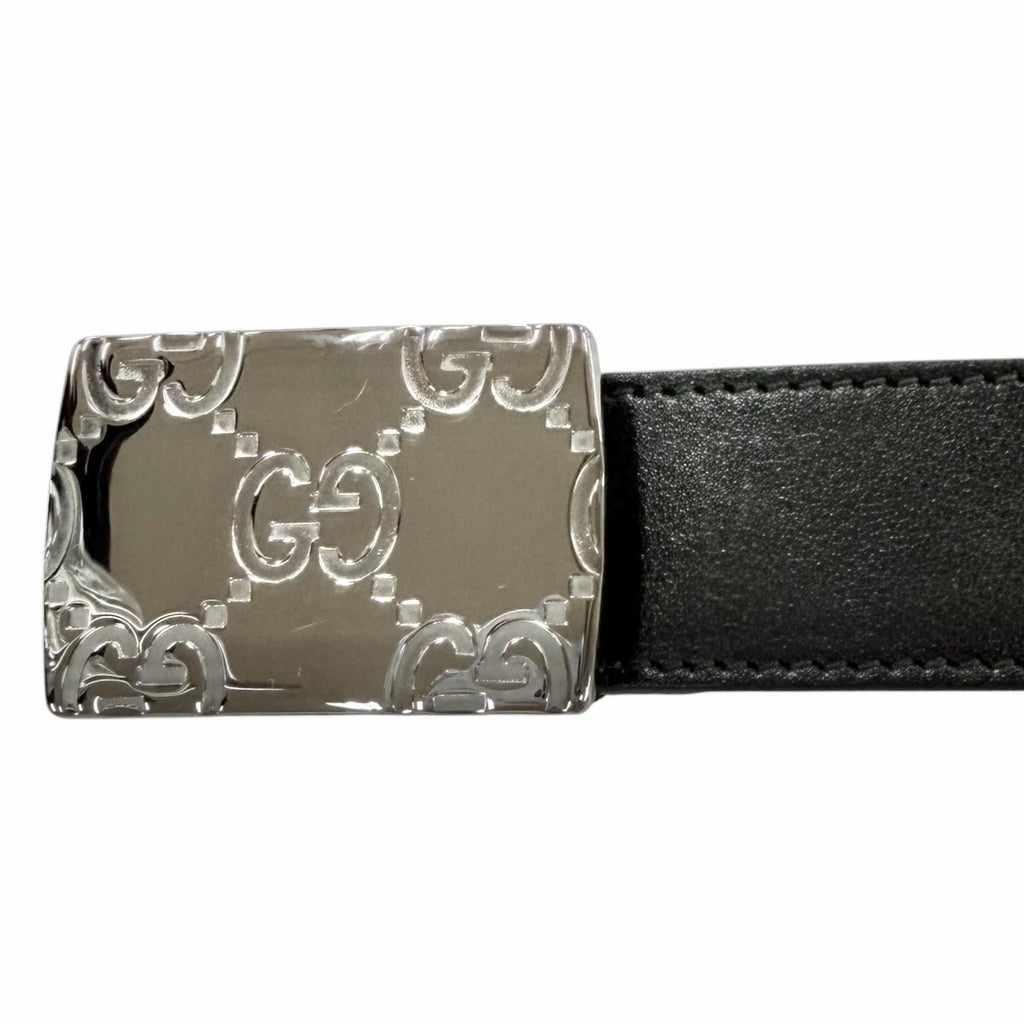 Gucci GG Logo Square Buckle Leather Belt Black Silver 90 36 Recommended