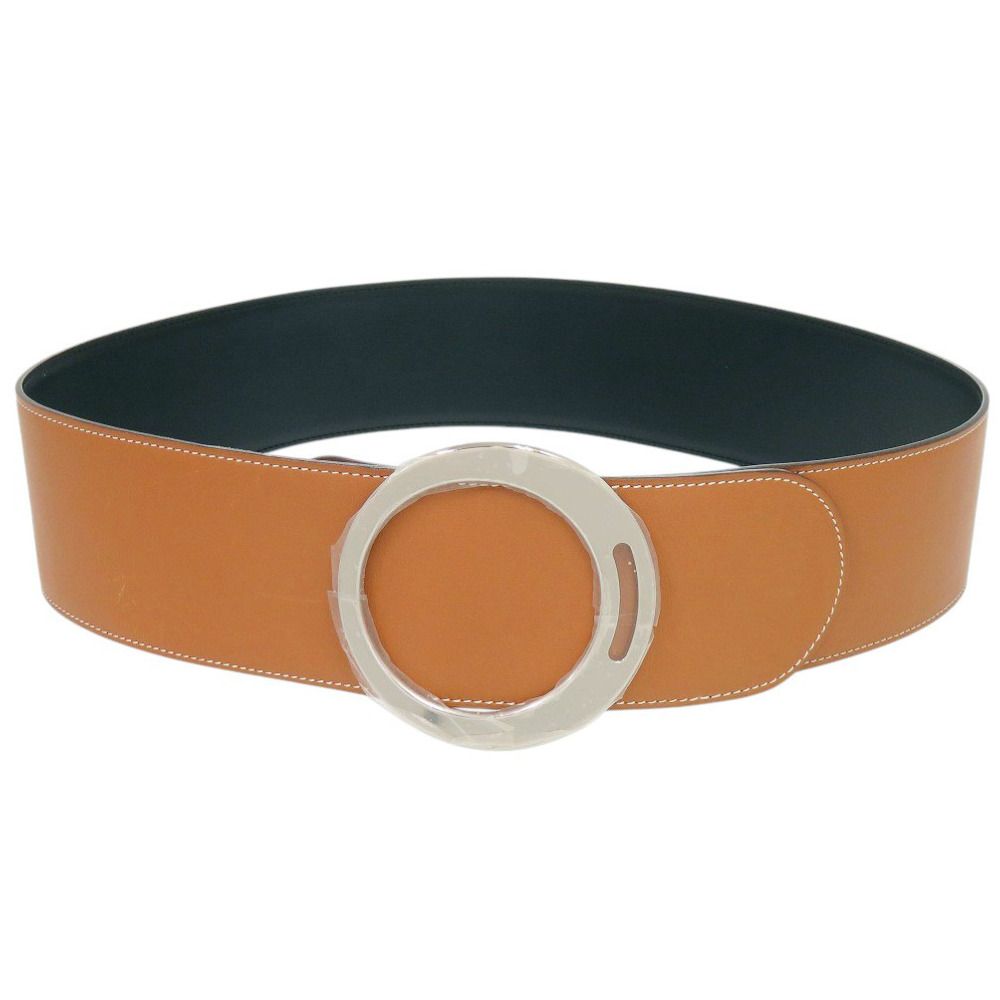 Hermes Round Buckle Leather Brown Silver Belt
