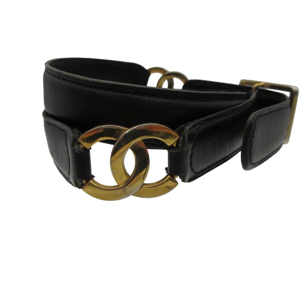 Chanel Belt CC Logo Cowhide Calf Leather Black Gold 65 26 Inch
