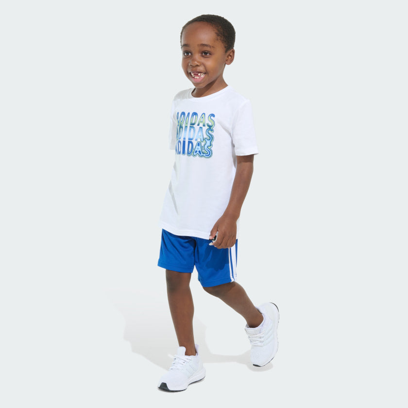 Kids' adidas Two-Piece Short Sleeve Graphic Cotton Tee and 3-Stripes Shorts Set