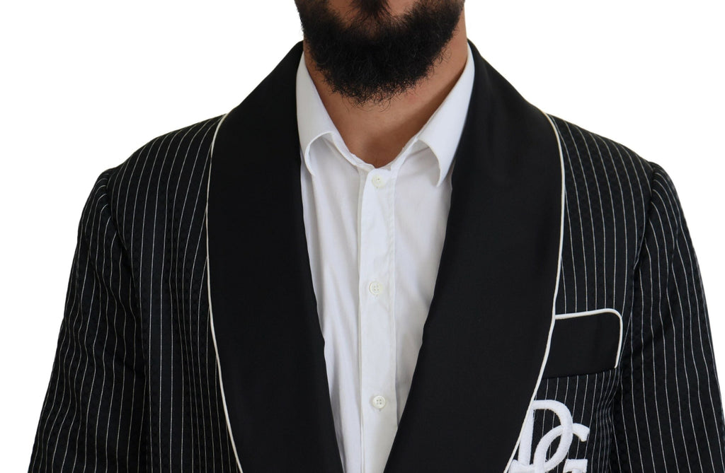 Dolce & Gabbana Dark Gray Robe Striped DG Patch Jacket Men Blazer