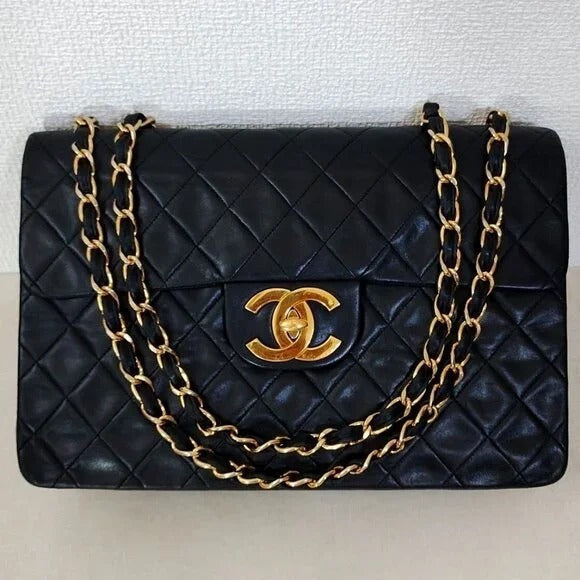 Authentic CHANEL Jumbo Maxi XL 24K Gold Flap Bag Lambskin Chain Shoulder Black