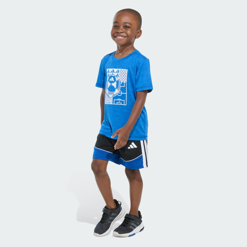 Kids' adidas Two-Piece Short Sleeve Mélange Tee and Colorblock 3-Stripes Shorts Set