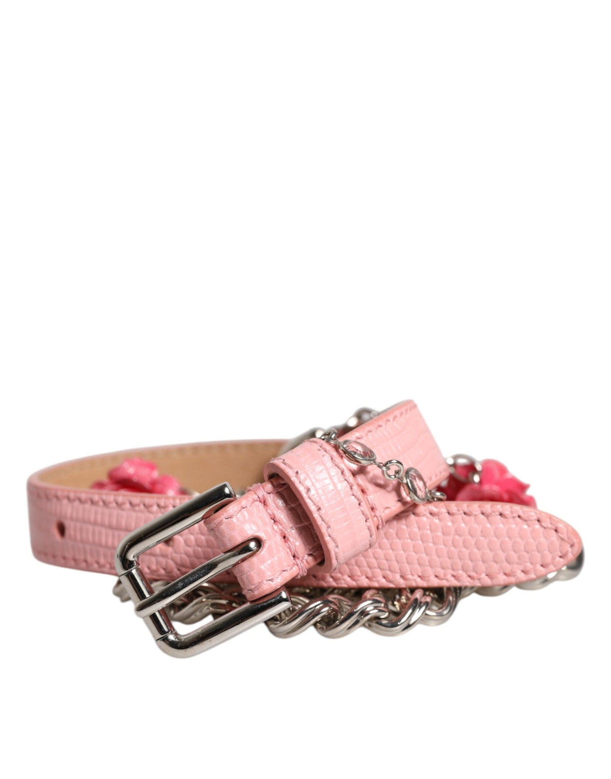 Dolce & Gabbana Pink Embelished Roses Textured Leather Belt