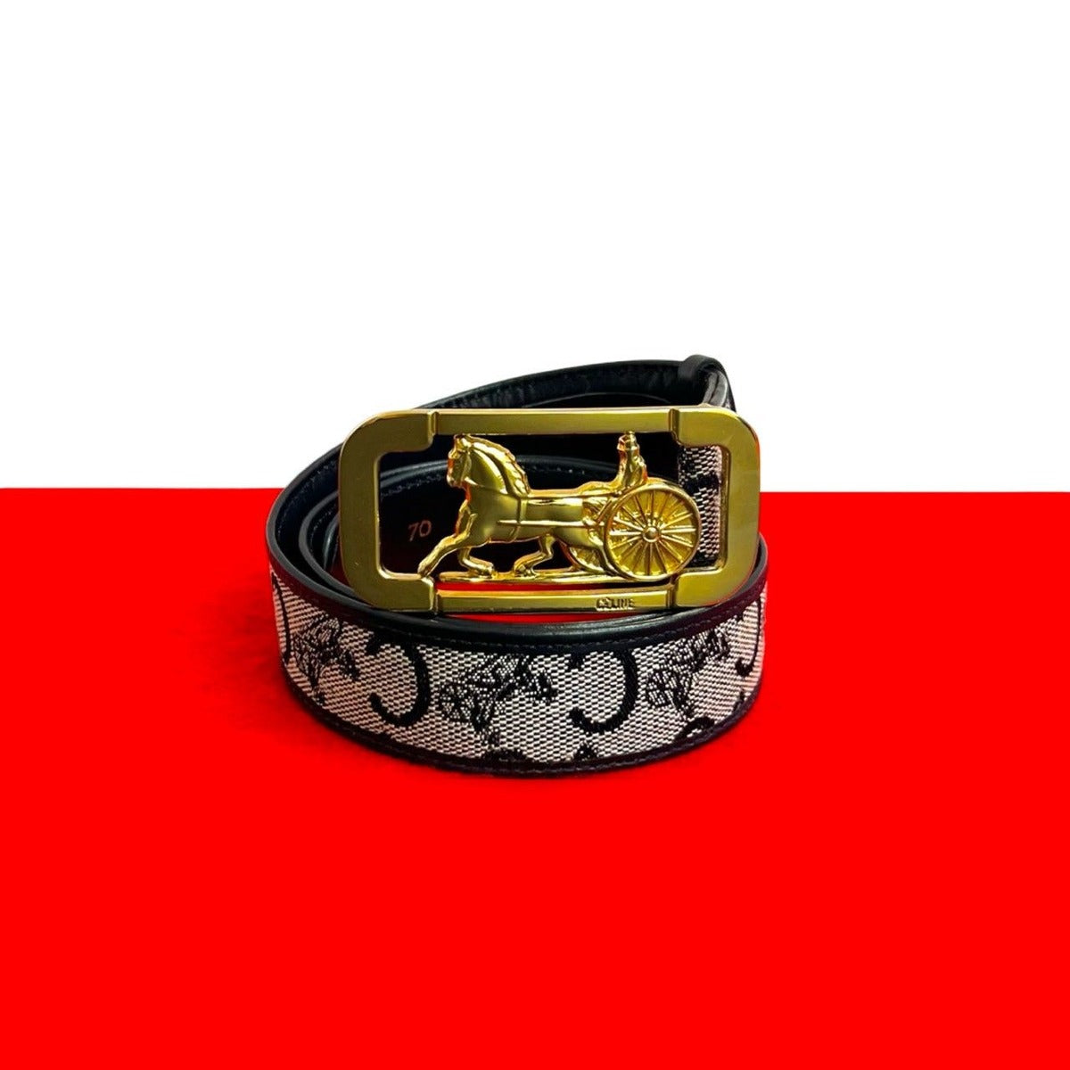 Celine Vintage Horse Carriage Hardware Buckle Logo Leather Belt