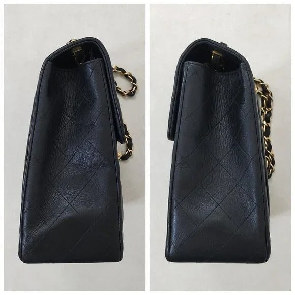 Authentic CHANEL Jumbo Maxi XL 24K Gold Flap Bag Lambskin Chain Shoulder Black