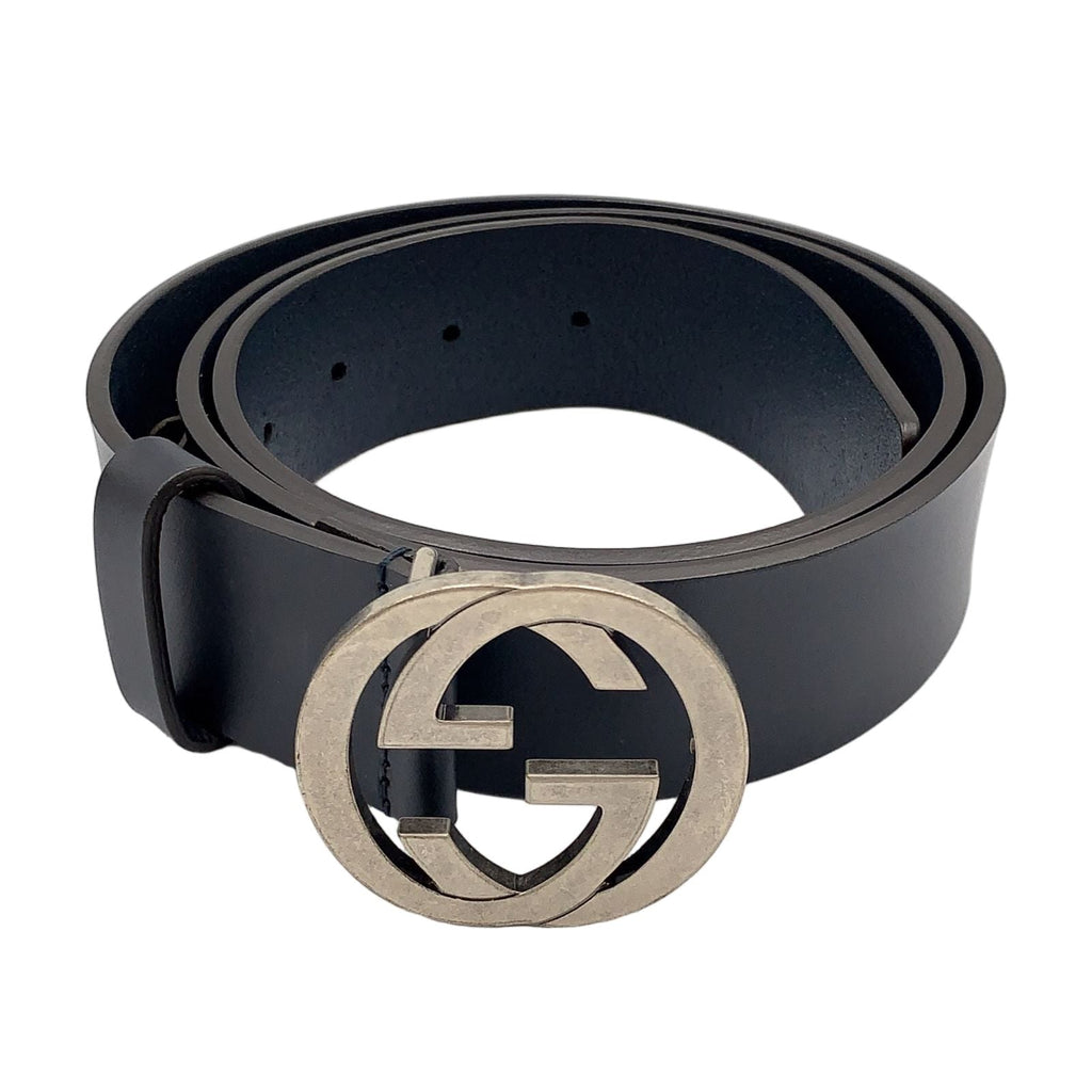 Gucci Interlocking Buckle Leather Black Belt Silver
