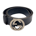 Gucci Interlocking Buckle Leather Black Belt Silver