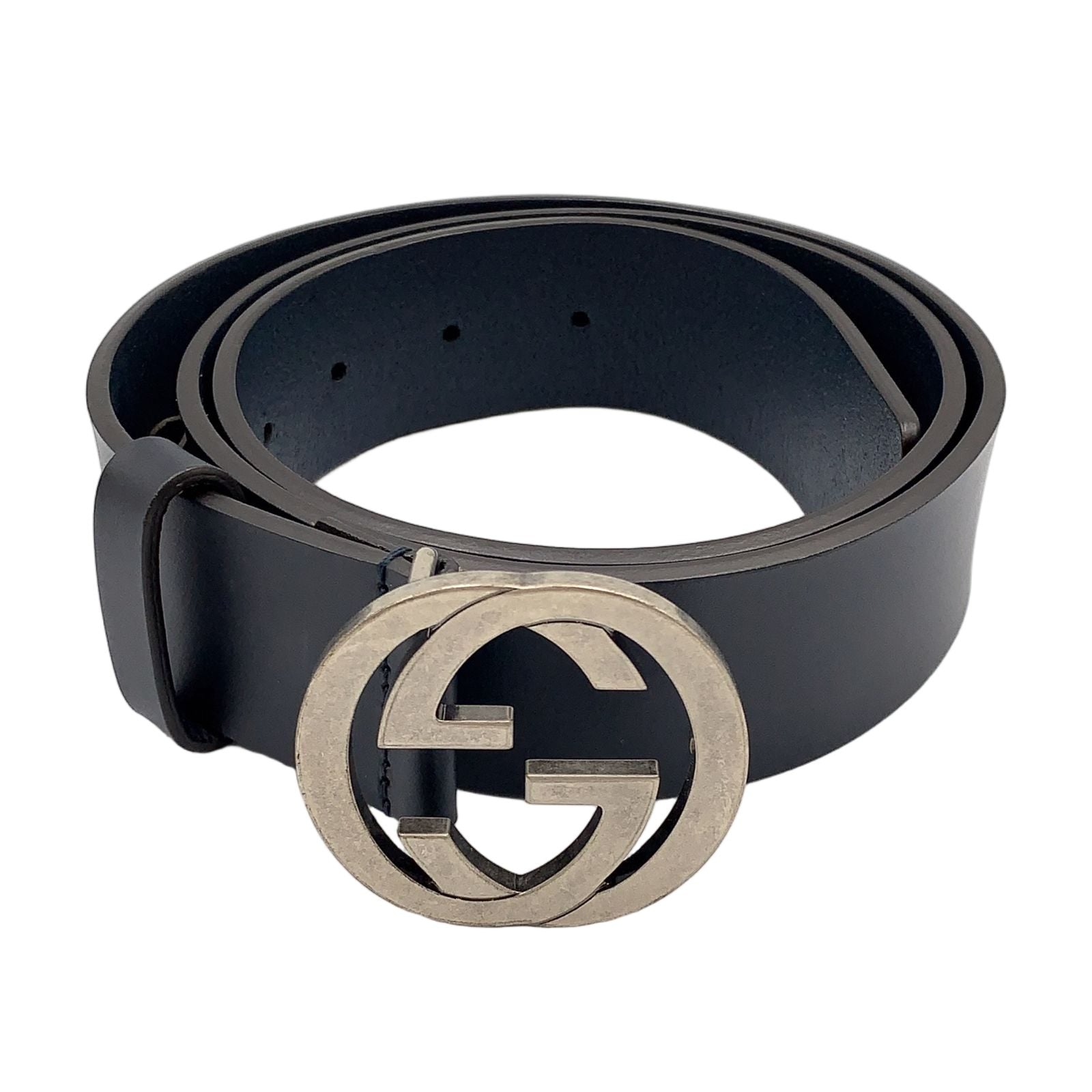 Gucci Interlocking Buckle Leather Black Belt Silver