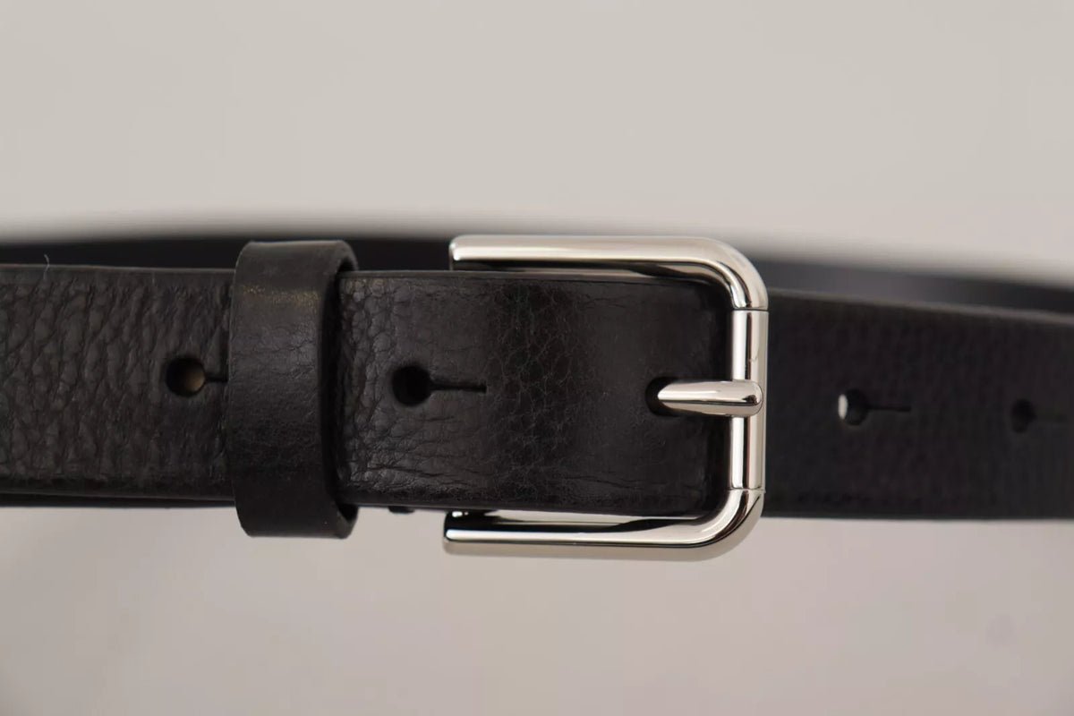 Dolce & Gabbana Calf Leather Silver Tone Black Metal Buckle Belt