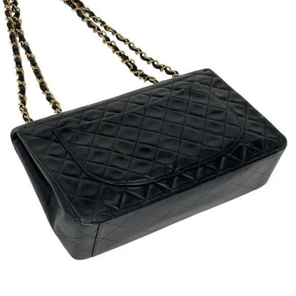 Authentic CHANEL Jumbo Maxi XL 24K Gold Flap Bag Lambskin Chain Shoulder Black