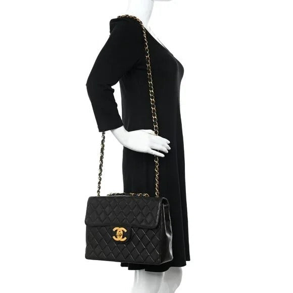 Authentic CHANEL Jumbo Maxi XL 24K Gold Flap Bag Lambskin Chain Shoulder Black
