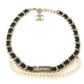 Chanel Double Pearl CC Logo Rhinestone Plate Belt Leather Black Gold