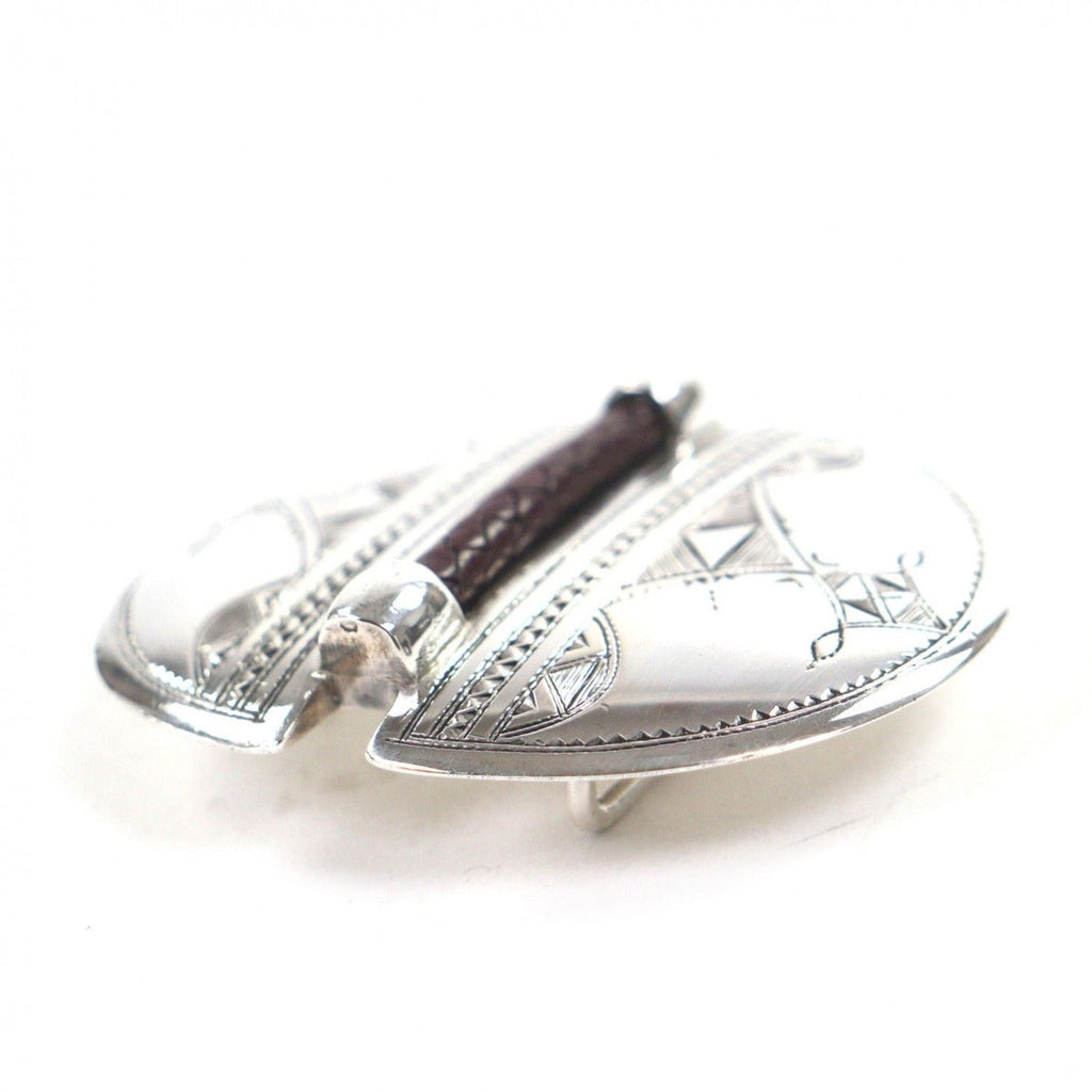 Hermes 925 Leather Touareg Hand Carved Carving Design Hairline Oval Belt Buckle