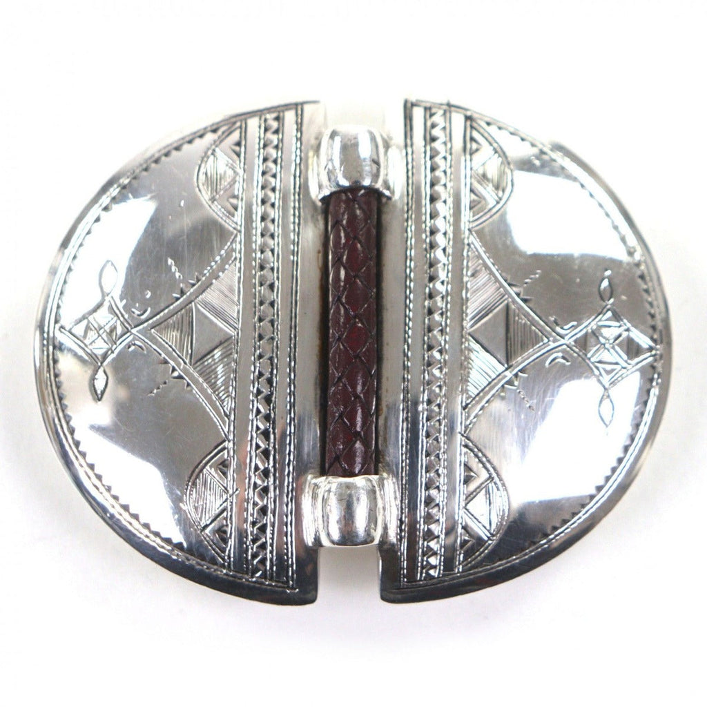 Hermes 925 Leather Touareg Hand Carved Carving Design Hairline Oval Belt Buckle