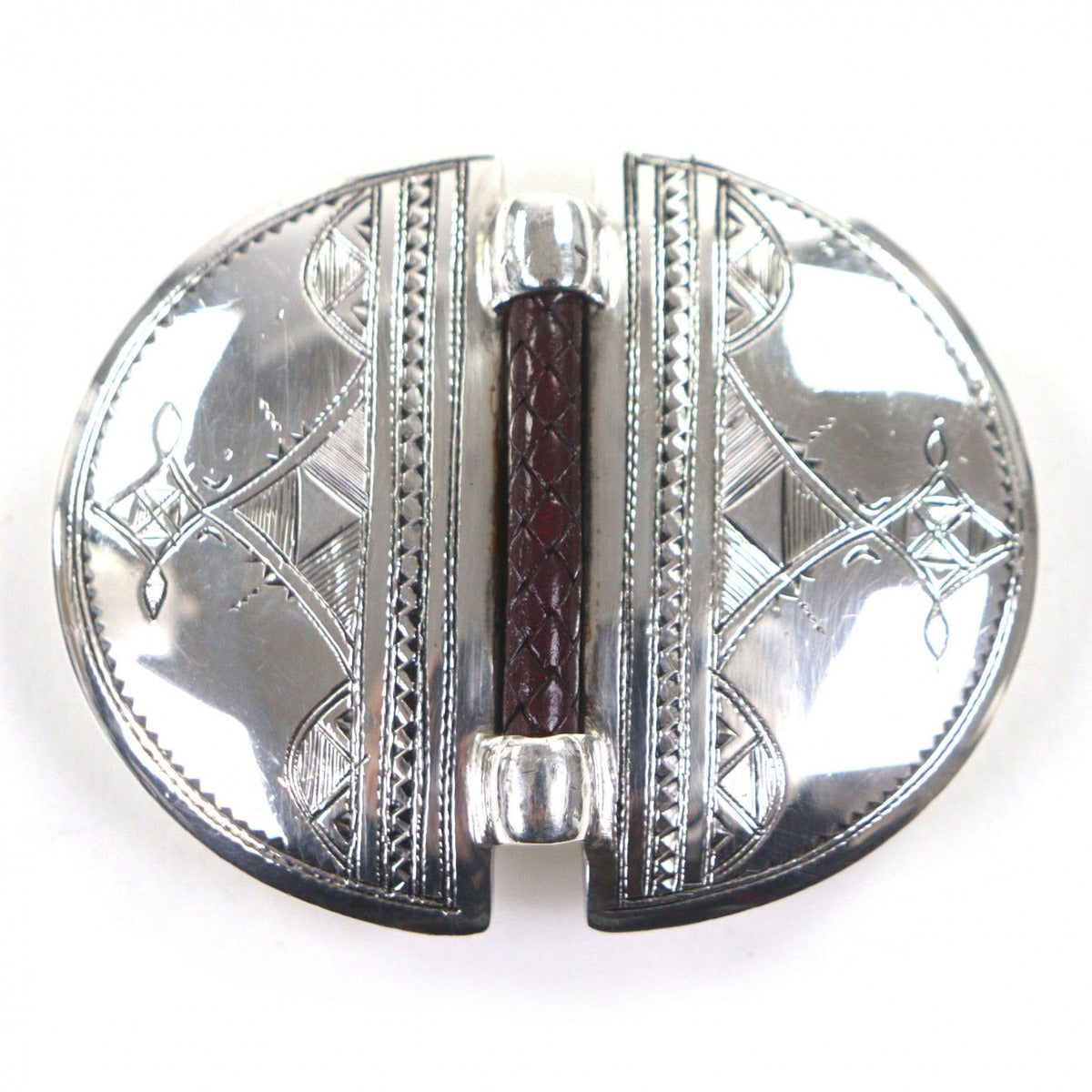 Hermes 925 Leather Touareg Hand Carved Carving Design Hairline Oval Belt Buckle