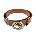 Gucci Interlocking Antique Leather Brown Belt Silver