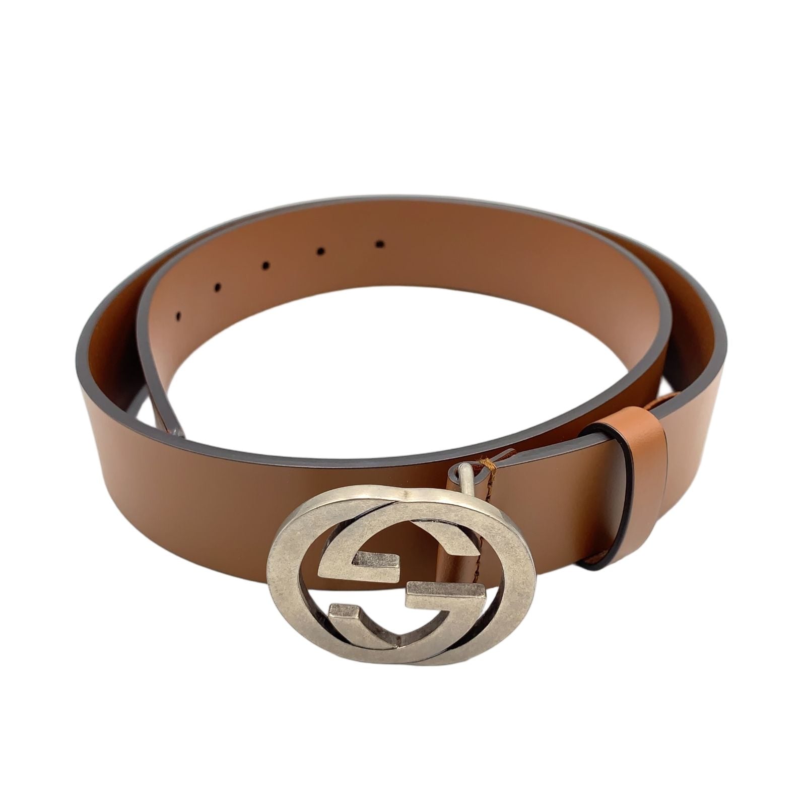 Gucci Interlocking Antique Leather Brown Belt Silver